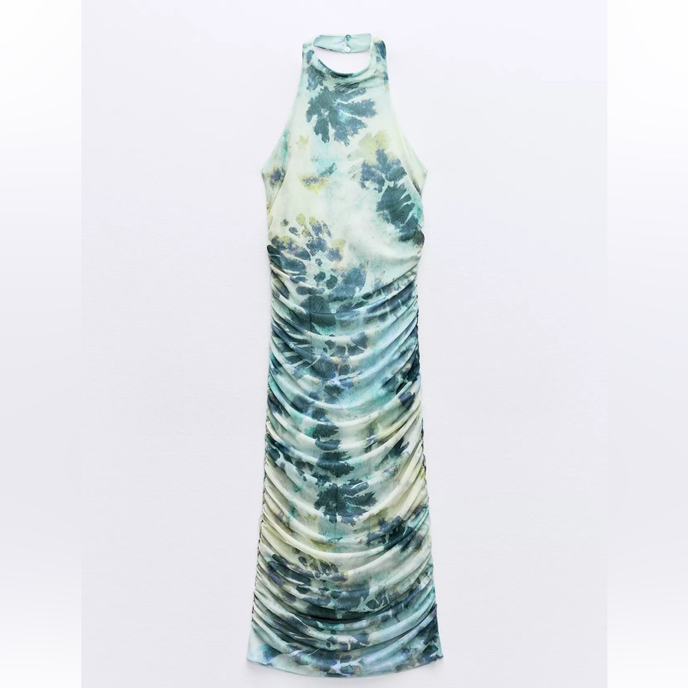 Zara Printed Tulle Halter Midi Dress